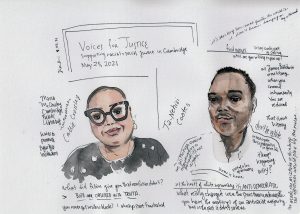 portraits of Callie Crossley and Ta Nehesi Coates surrounded by handwritten notes from their Voices for Justice event at the Cambridge Public Library in Massachusetts.